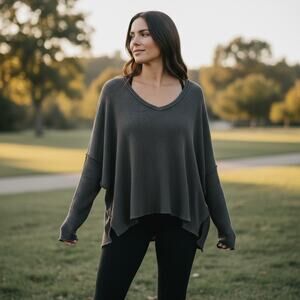 We The Free People Boho Oversized Waffle Thermal Gray Festival Western Sz XL Top